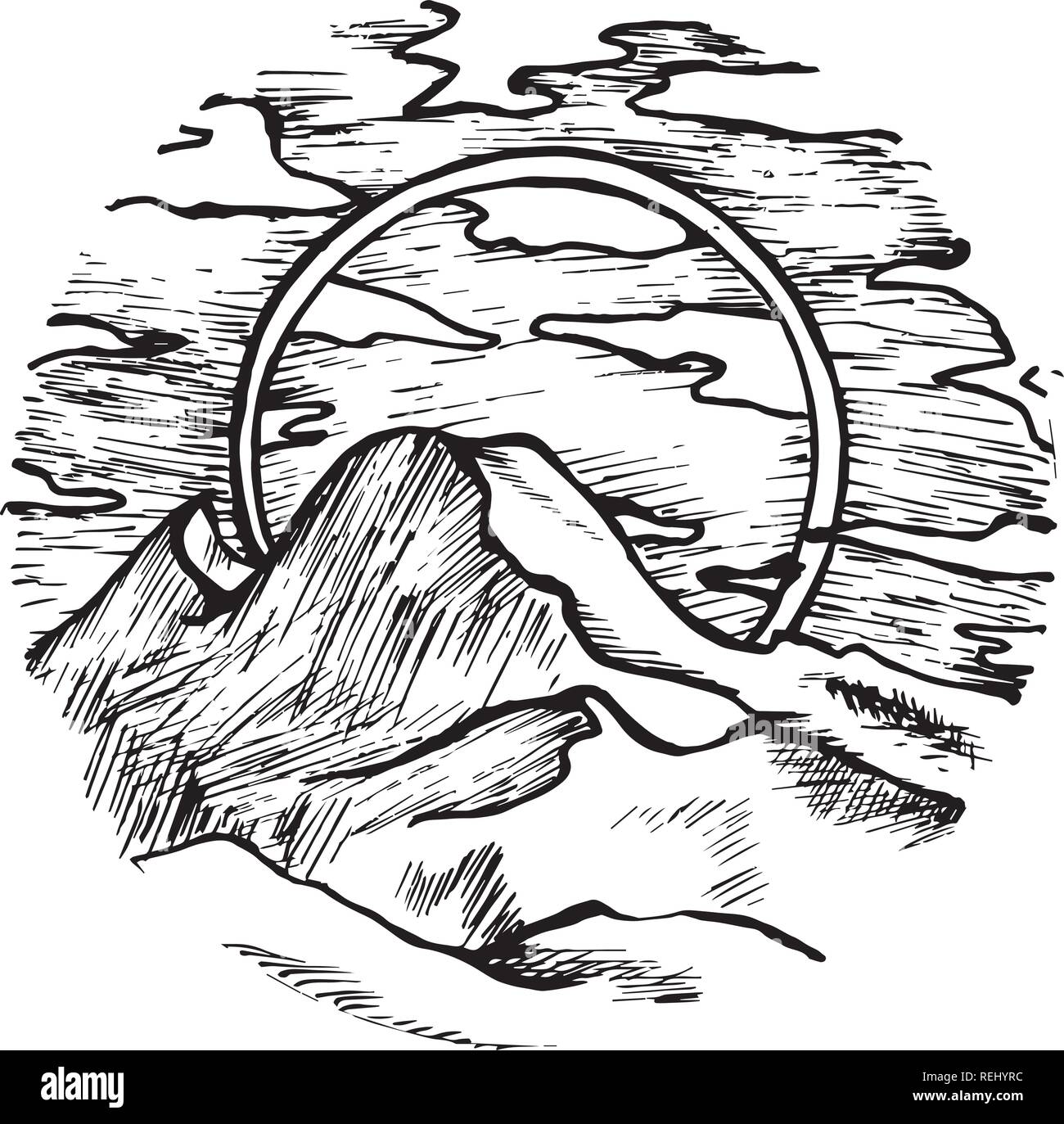 Modello con bella montagna, nuvole, sun. Tatuaggio psichedelici. Illustrazione Vettoriale