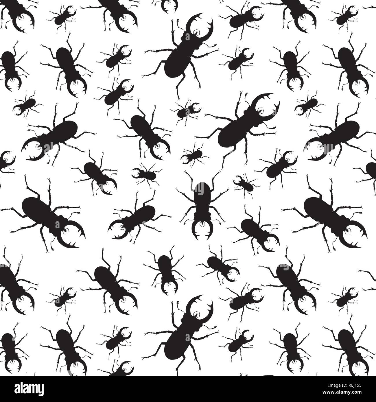Nero stag beetle seamless pattern (lucanus cervus) su sfondo bianco Illustrazione Vettoriale