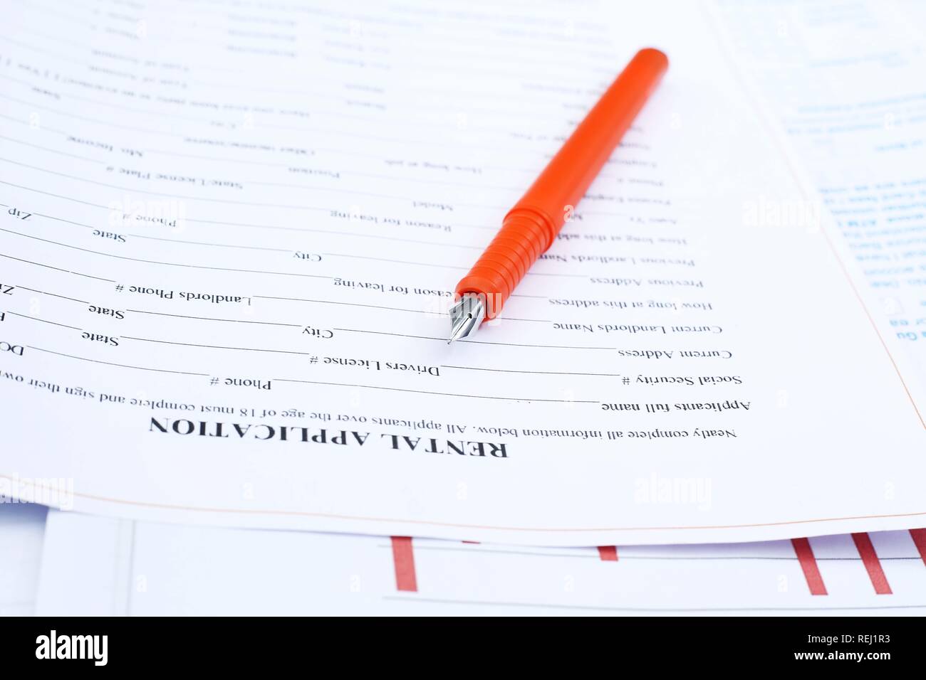 Immagine della penna stilografica sul modulo carta. Foto Stock
