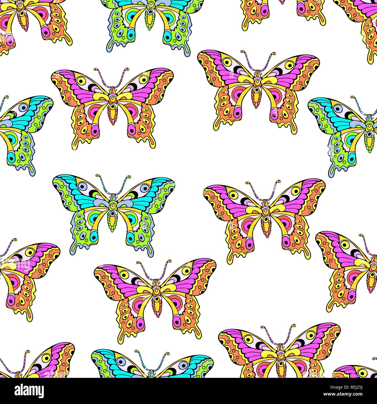 Farfalle astratto seamless pattern, del disegno a mano, la stampa tessile, illustrazione vettoriale. A motivi geometrici luminosi colorati insetto al neon con ali su bianco bac Illustrazione Vettoriale