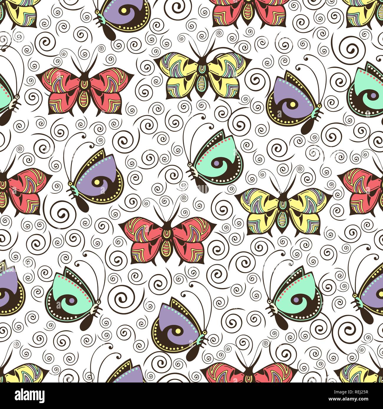 Farfalle astratto seamless pattern, del disegno a mano, la stampa tessile, illustrazione vettoriale. Modellato pastello colorato insetto con ali su bianco backgrou Illustrazione Vettoriale