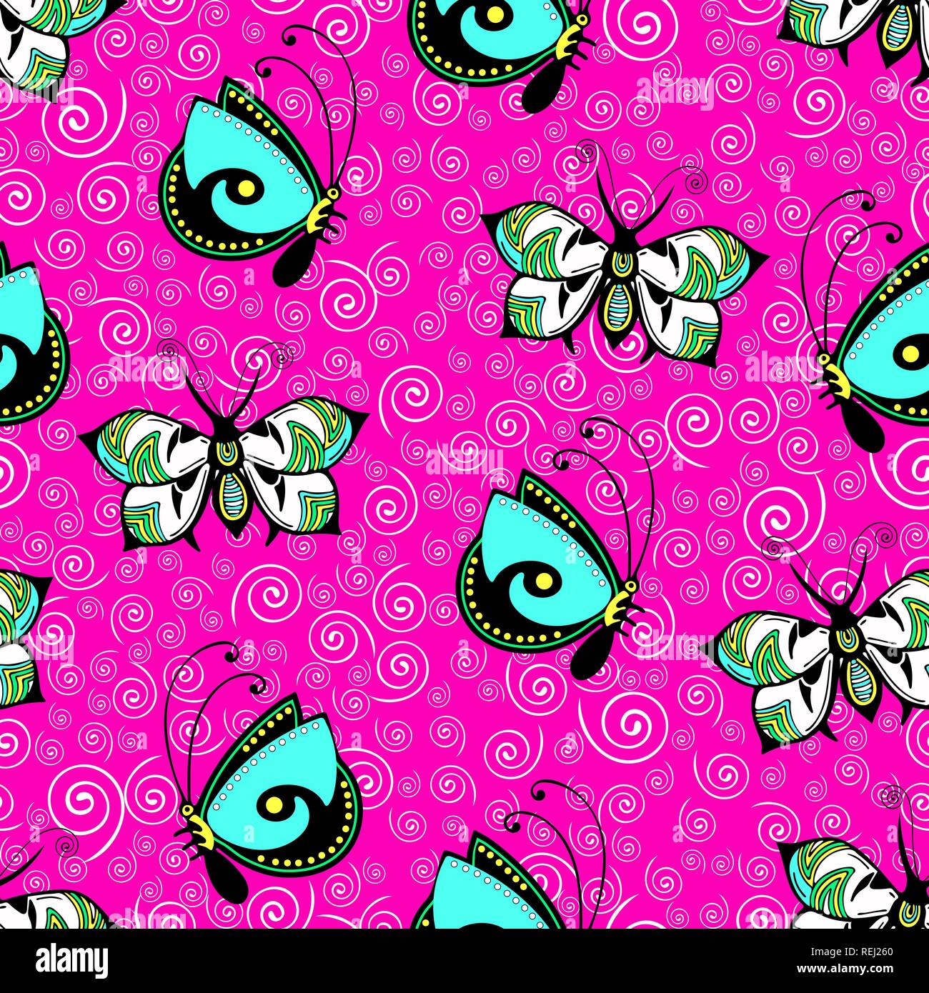 Farfalle astratto seamless pattern, del disegno a mano, la stampa tessile, ornamento, illustrazione vettoriale. Modellato insetto colorato con alette su rosa luminoso Illustrazione Vettoriale