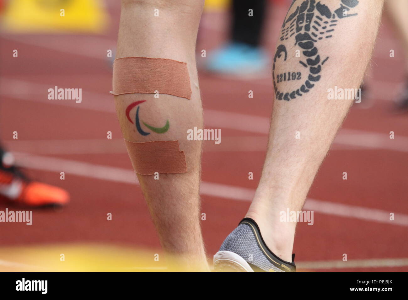 Un atleta con un IPC (Comitato Paralimpico Internazionale) tattoo si prepara per una gara durante i para atletica Campionati Europei. Credito: Ben Booth Foto Stock