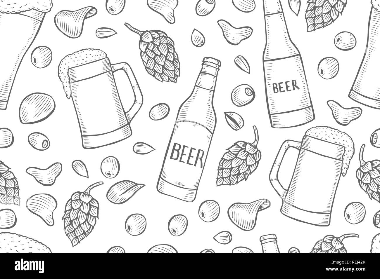 Sfondo di birra decorato con il luppolo e malto mazzetto, diversi tipi di birra, bottiglie e salatini. Vettore di vintage oktoberfest seamless pattern ho disegnato Illustrazione Vettoriale