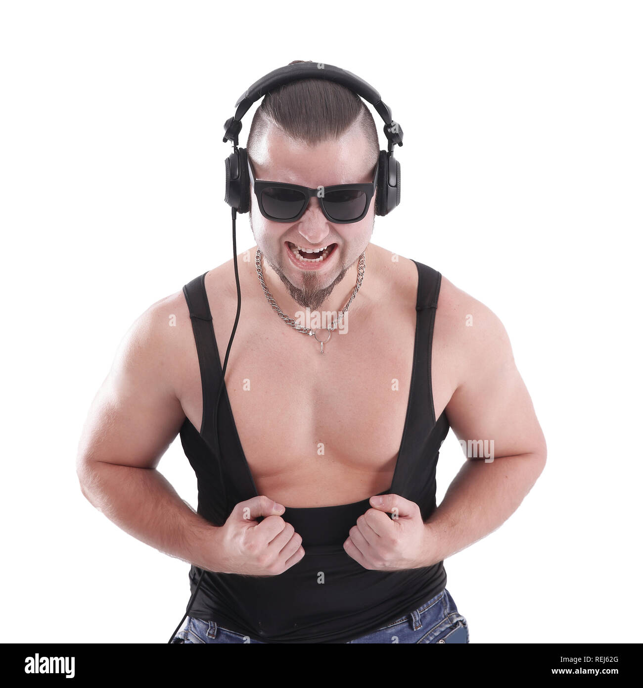 Elegante DJ-rapper in cuffie.isolati su sfondo bianco Foto Stock