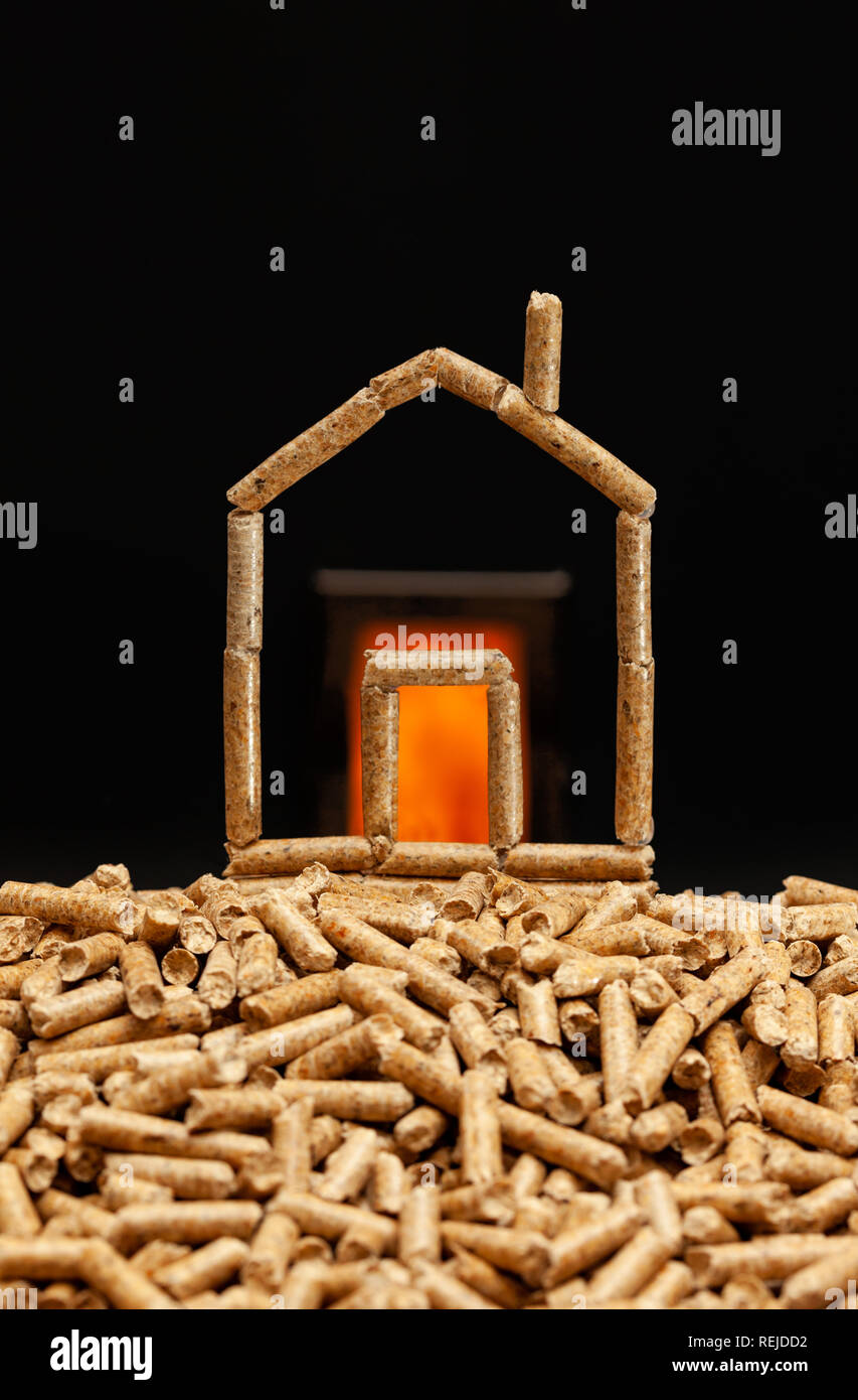 Casa in miniatura fatta con pellet di legno. Concetto di riscaldamento con camera di combustione in background. Foto Stock