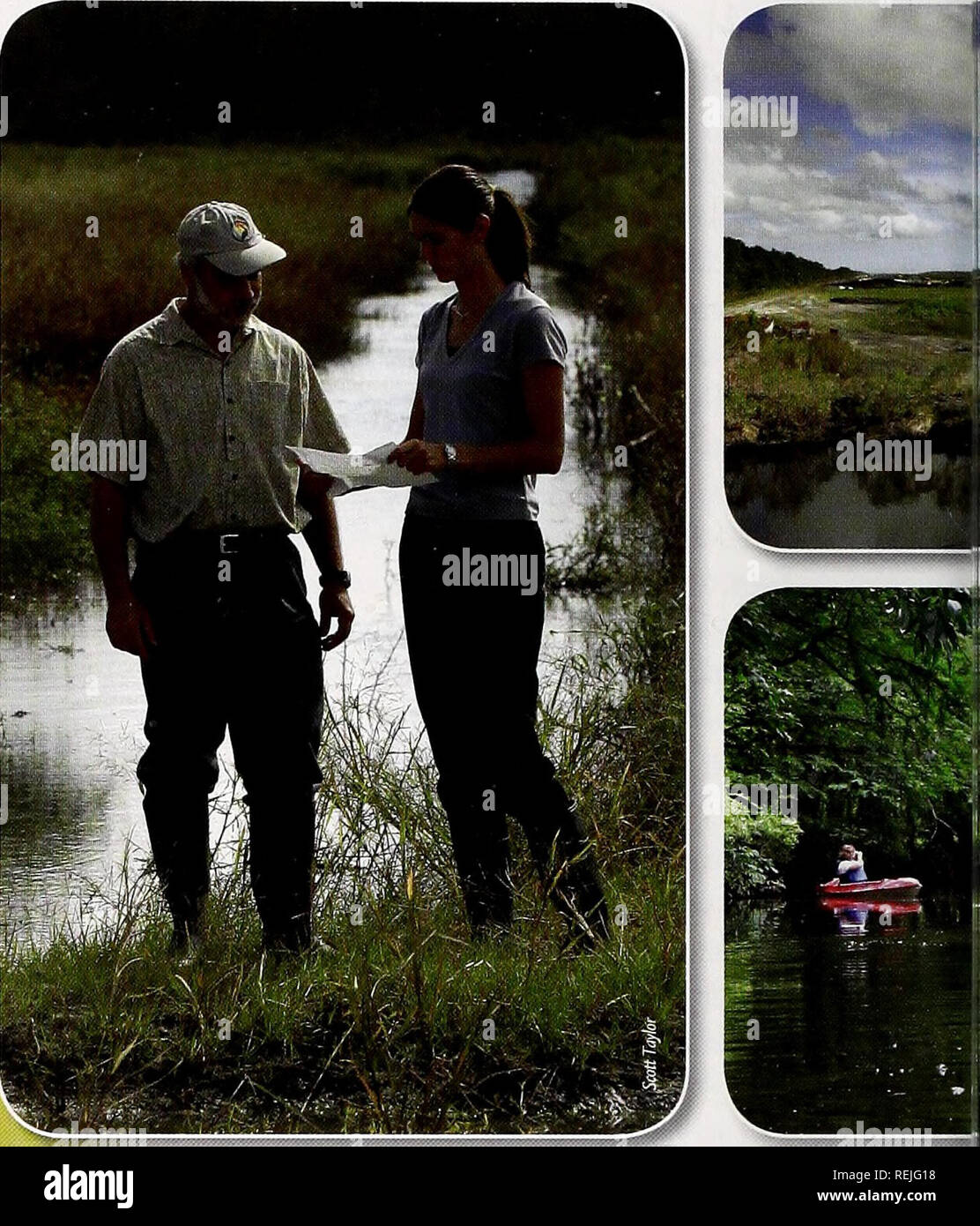 . Coast Watch. Risorse Marine; oceanografia; gestione delle zone costiere; ecologia costiera. In senso orario da sinistra: Todd Miller e Sarah re verificare i progressi del North Carolina Federazione costiere a nord del fiume Farm progetto di restauro. • Il restaurato zone umide è in grado di filtrare acqua piovana runoff prima di raggiungere il nord fiume, un affluente della quercia bianca fiume. • Terra movers sono il ripristino di 6 mila ettari di terreno coltivato a zone umide naturali. • L'acqua pulita di gestione del fondo fiduciario è uno di più risorse finanziarie maschiati per il progetto. • La Quercia bianca Fiume è un importante habitat acquatici nonché un recr Foto Stock