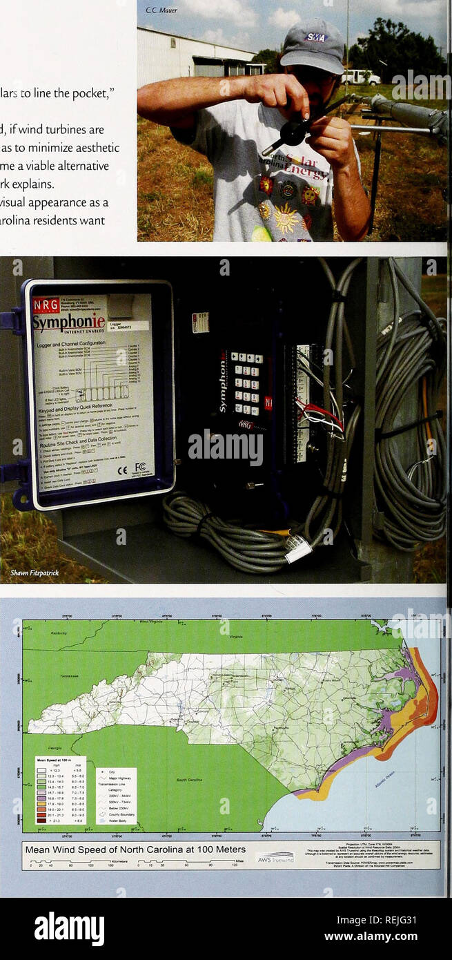 . Coast Watch. Risorse Marine; oceanografia; gestione delle zone costiere; ecologia costiera. Maree legale il centro solare installato anche un anemometro a nord del fiume Farm, un restauro sito nella contea di Carteret acquisita dal N.C. Federazione costiere, secondo montante. Futuro energia eolica? Quando Jim Bacco coetanei fuori dalla finestra della sua vettura, egli non può fare a meno di notare la scadente qualità dell'aria a Charlotte. "Non facciamo bene da un punto di vista dell'inquinamento", afferma. Quando in un'area metropolitana come la Regina City, Bacco non posso aiutare ma pensare a casa sua in Topsail Island, un grido lontano dalla città lif Foto Stock