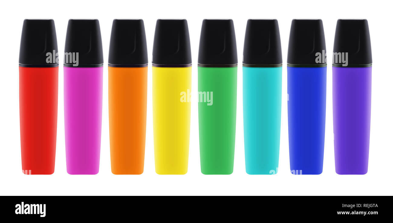 Una gamma di 8 evidenziatori colorati penne con coperchi con tracciato di ritaglio Foto Stock