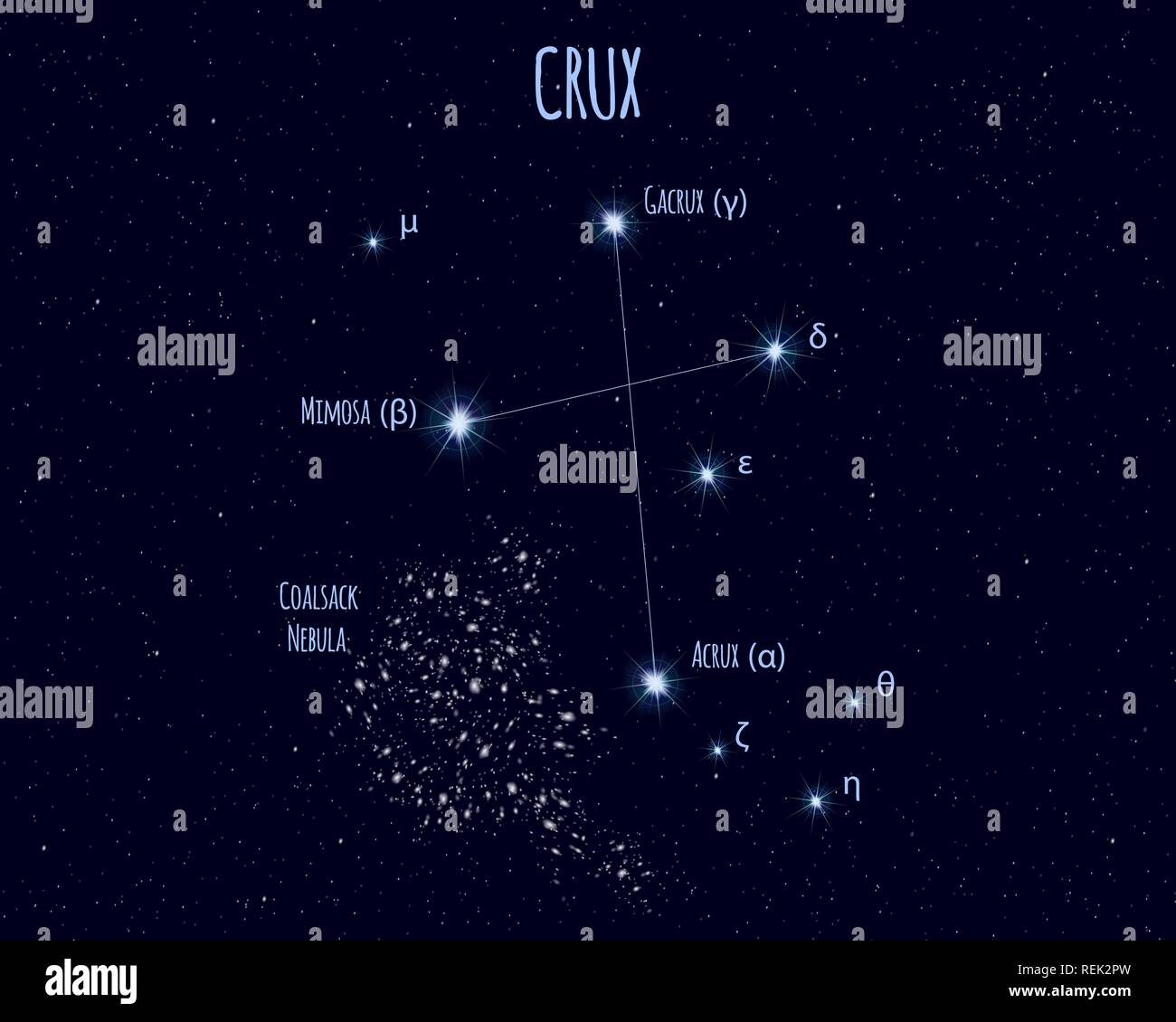 Crux (la Croce del Sud) costellazione, illustrazione vettoriale con i nomi delle stelle di base contro il cielo stellato Illustrazione Vettoriale