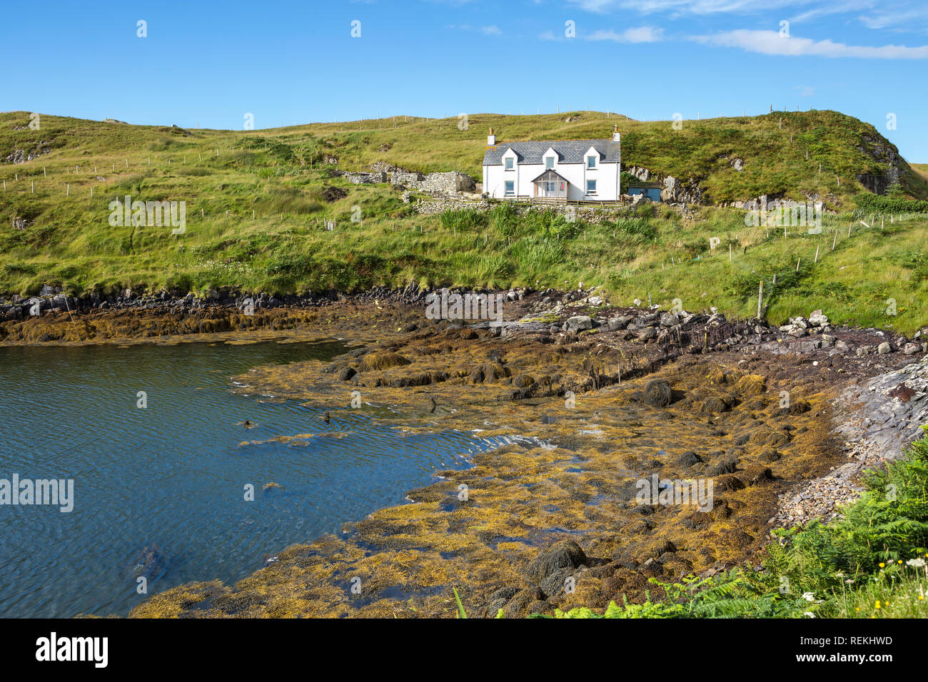 Vista di un tradizionale cottage sul mare con la bassa marea su una bella giornata estiva, Isle of Scalpay, Ebridi Esterne, Scotland, Regno Unito Foto Stock