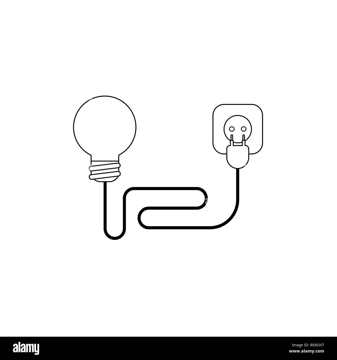 Design piatto stile illustrazione vettoriale nozione di lampadina con il filo elettrico di spina e presa su sfondo bianco. Contorni neri. Illustrazione Vettoriale