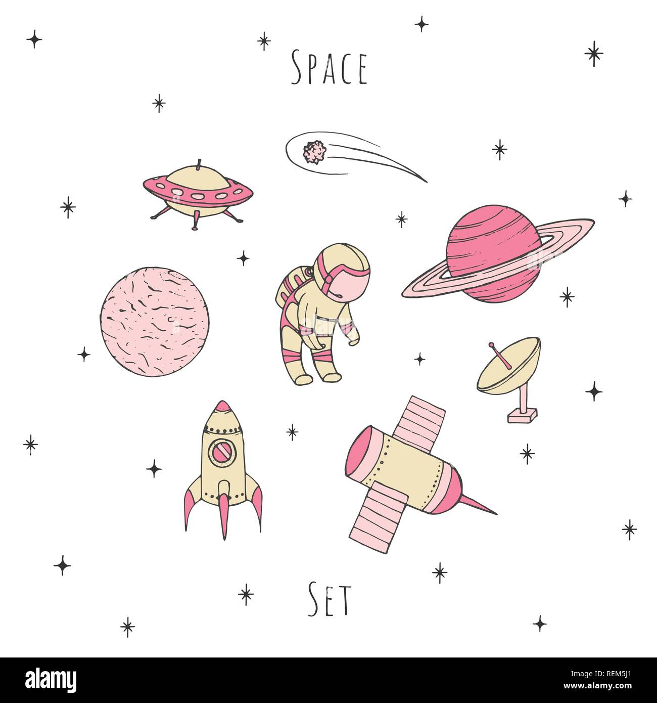 Disegnata a mano spazio vettoriale elementi: cosmonauta, satelliti, rucola, pianeti e stelle cadenti e UFO. Cosmo impostato nel pastello colori girlish isolato sul whi Illustrazione Vettoriale