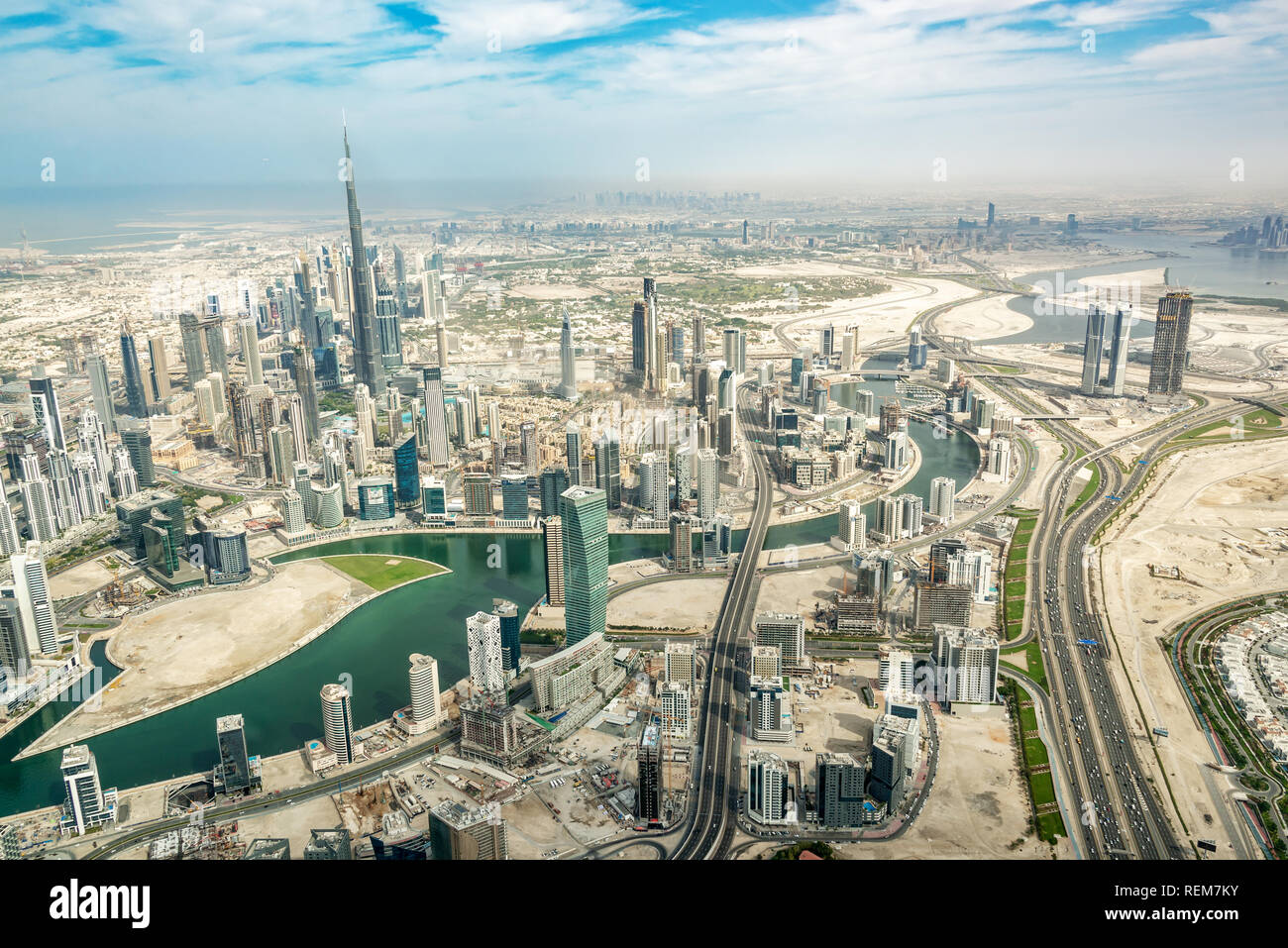 Vista aerea della skyline di Dubai, Emirati Arabi Uniti Foto Stock