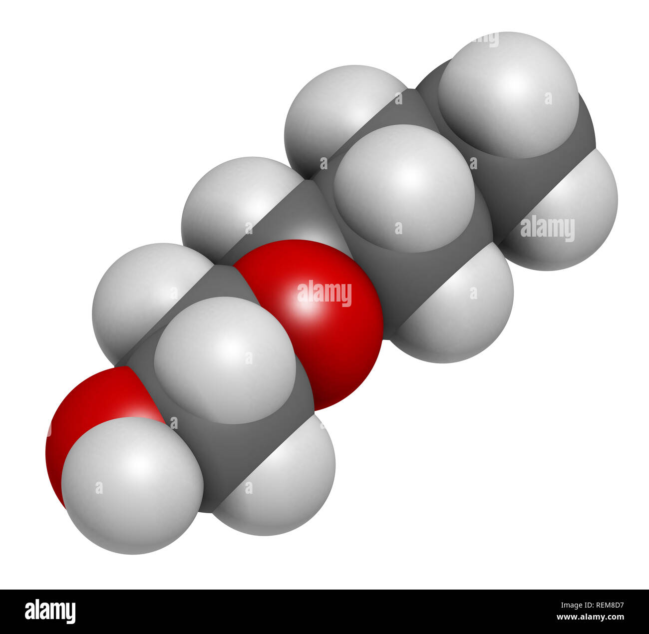 2-butossietanolo solvente e la molecola di tensioattivo. Il rendering 3D. Gli atomi sono rappresentati come sfere con i tradizionali colori: idrogeno (bianco), carb Foto Stock