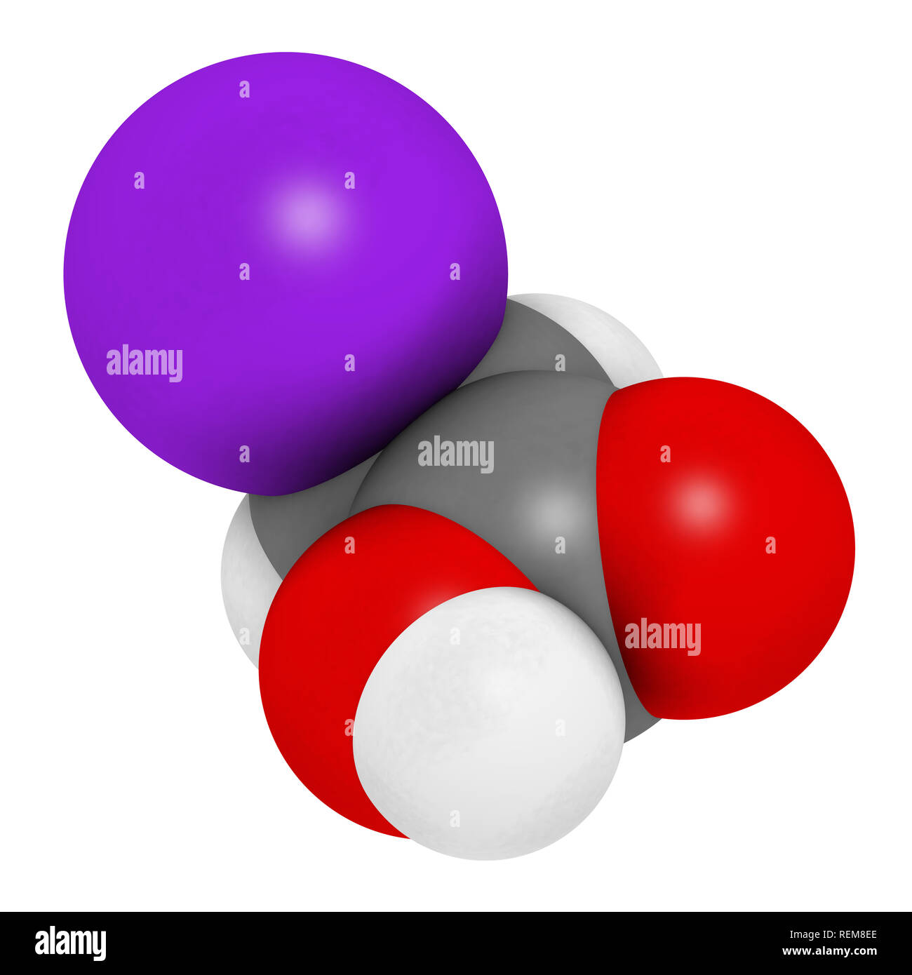 Acido iodoacetico molecola. Tossica agente alchilante. Il rendering 3D. Gli atomi sono rappresentati come sfere con i tradizionali colori: idrogeno (bianco), auto Foto Stock
