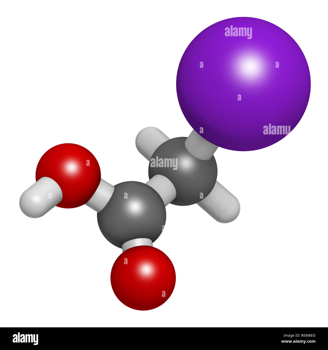 Acido iodoacetico molecola. Tossica agente alchilante. Il rendering 3D. Gli atomi sono rappresentati come sfere con i tradizionali colori: idrogeno (bianco), auto Foto Stock