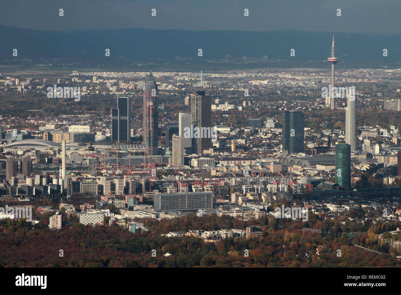 Panorama della città, fotografia aerea. Frankfurt am Main, Germania Foto Stock