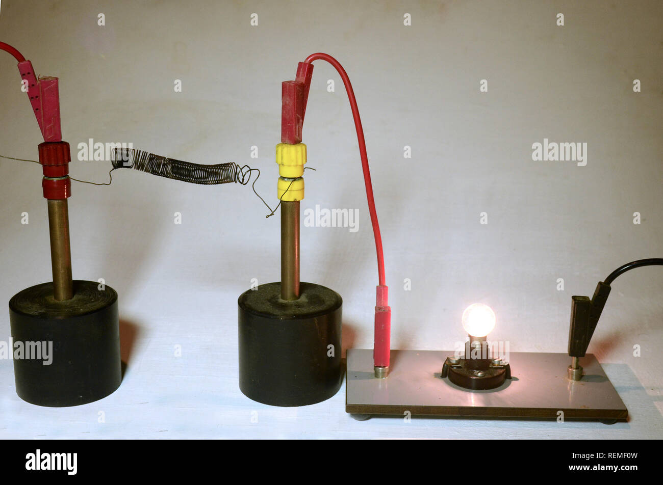 Una lampada elettrica è alimentata con la corrente attraverso un avvolto in filo di ferro come un resistore serie. Se la resistenza viene riscaldata, la resistenza aumenterà e Foto Stock