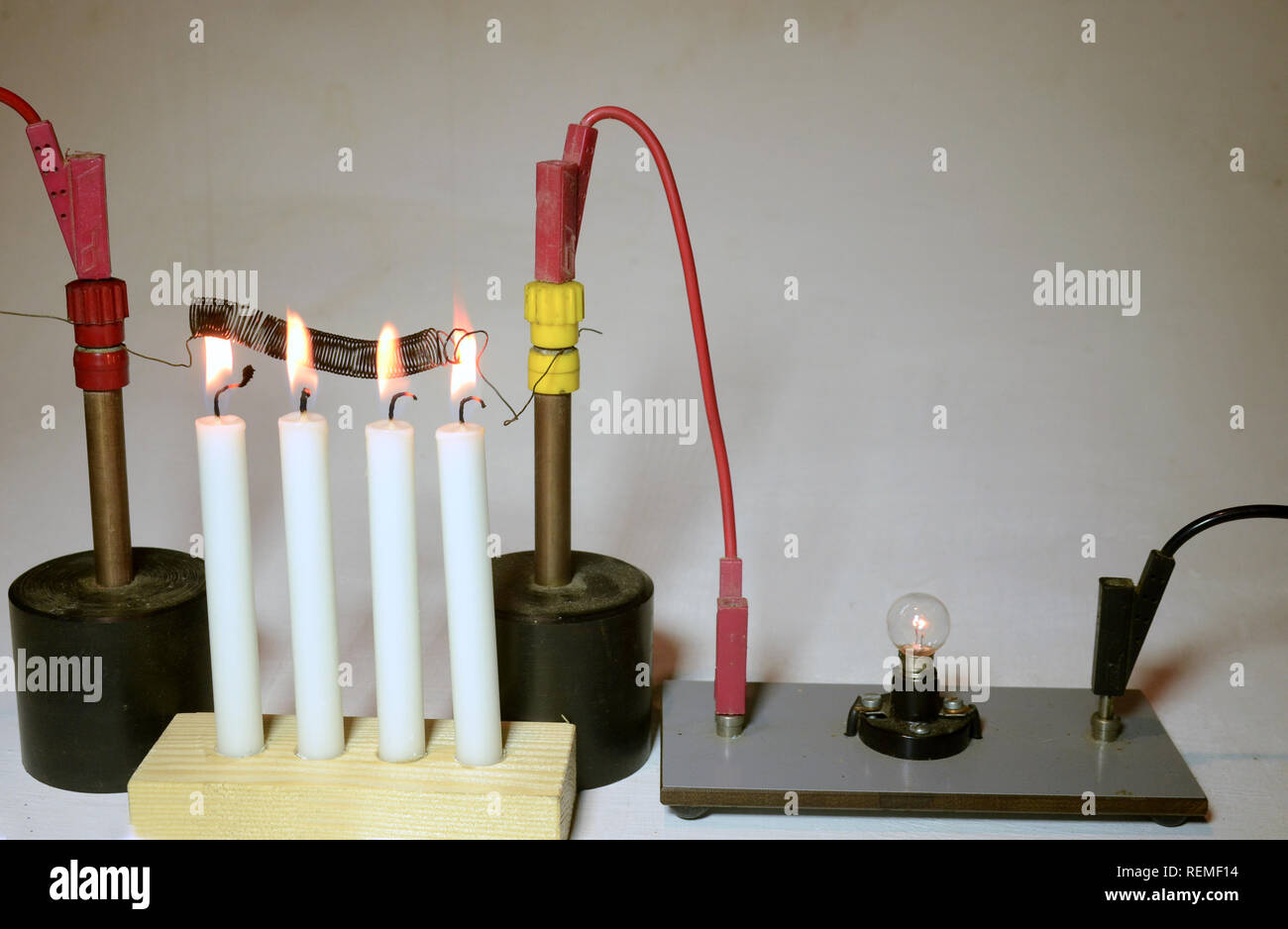 Una lampada elettrica è alimentata con la corrente attraverso un avvolto in filo di ferro come un resistore serie. Come il resistore viene riscaldata con candele, la resistenza r Foto Stock