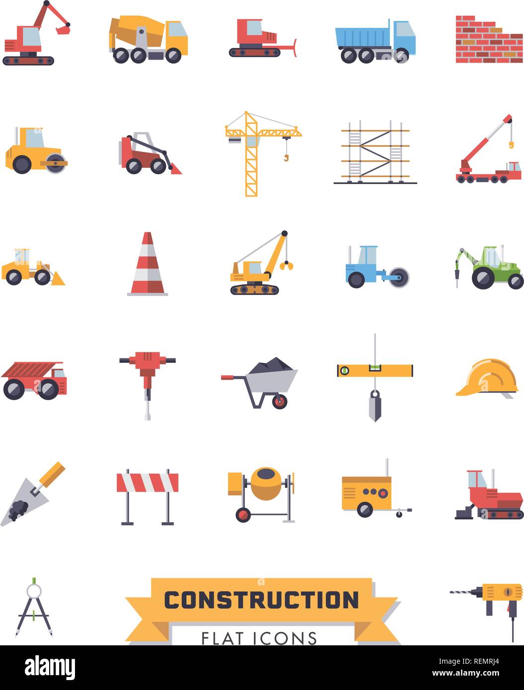 Design piatto isolato industria edile e gli strumenti vettoriali set di icone Illustrazione Vettoriale