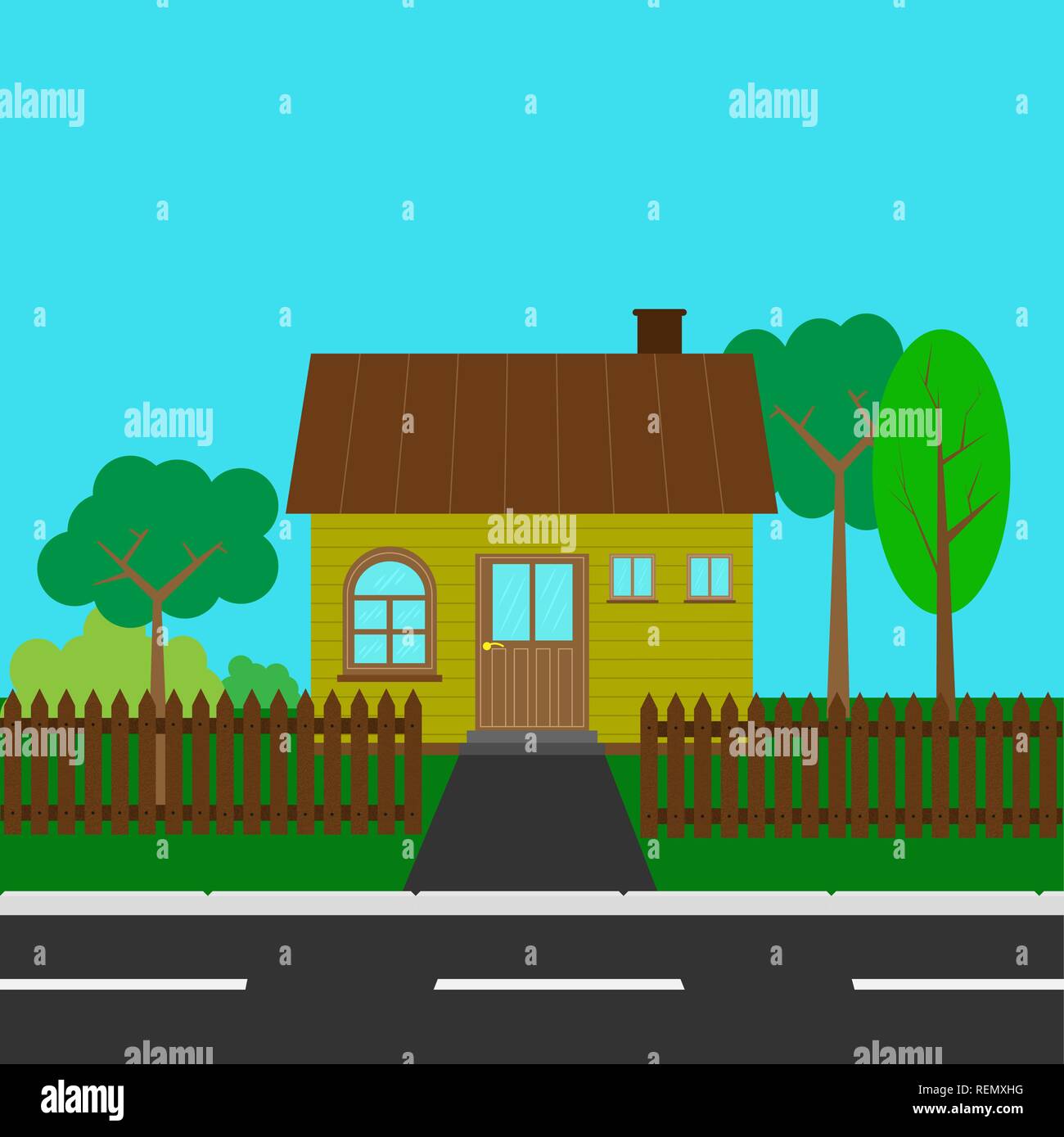 Casa di campagna con un cortile vicino alla strada, stile piatto Illustrazione Vettoriale