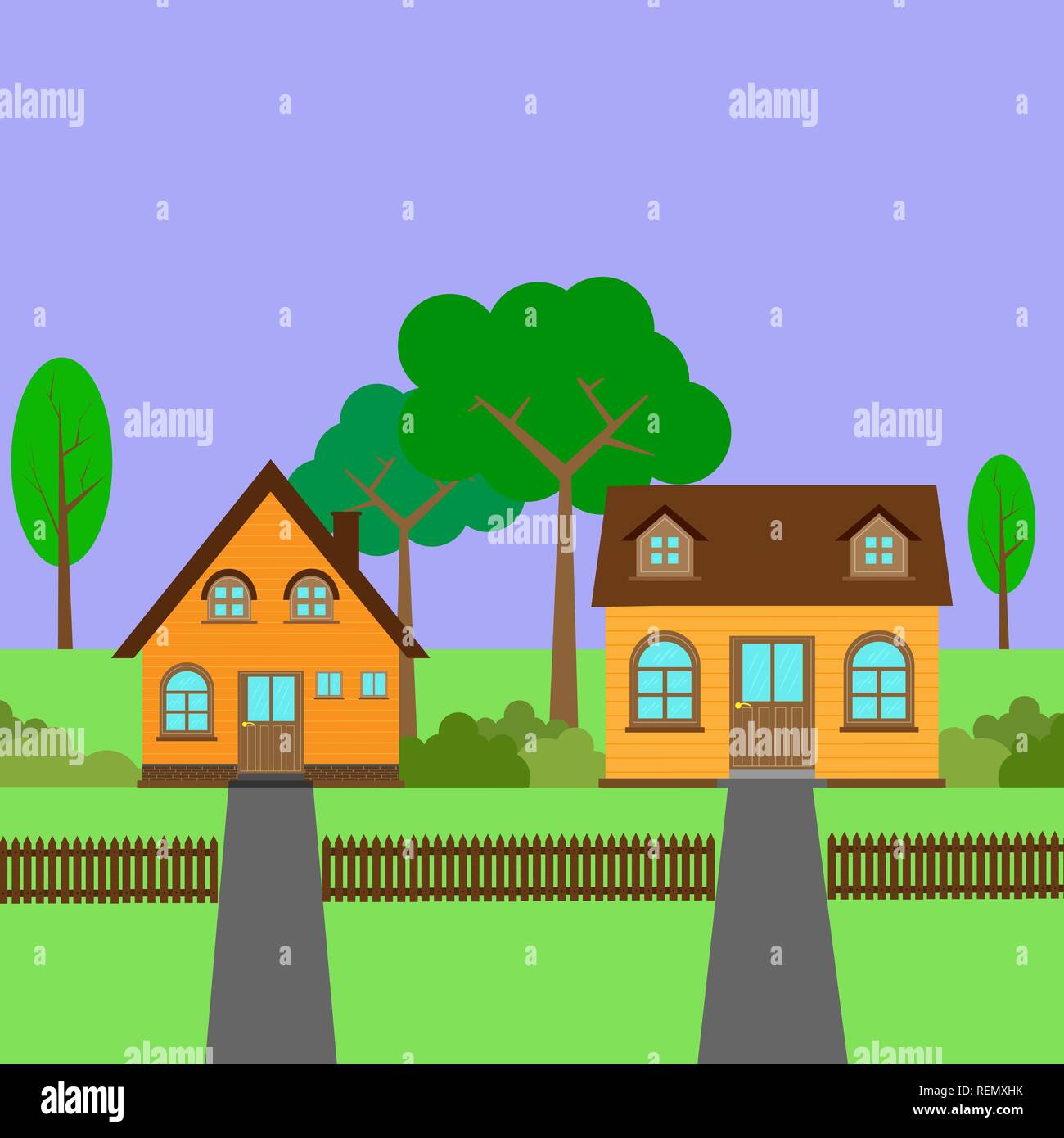 Due case di campagna con un cortile, recinzione e passerella, stile piatto Illustrazione Vettoriale