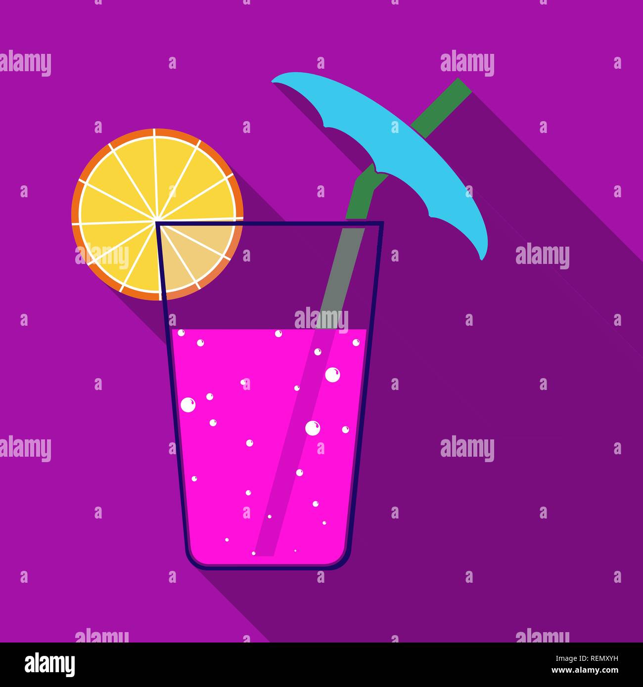 Immagine piatta di un vetro con un drink e una fetta di agrumi e una paglia con un ombrello, lunga ombra Illustrazione Vettoriale