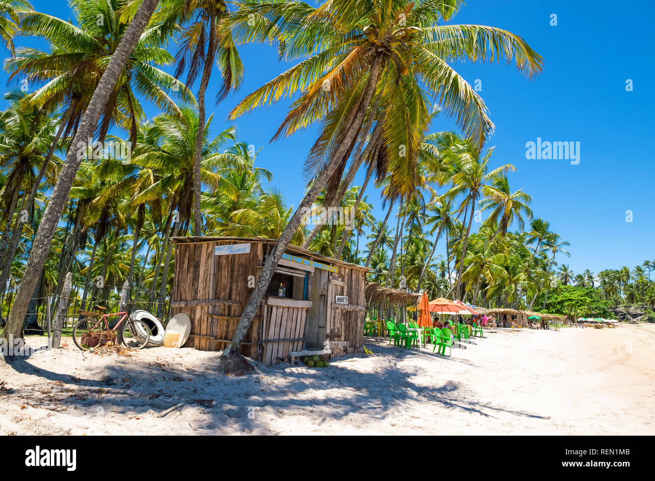 BAHIA, Brasile - febbraio, 2018: Rustico brasiliano baracche di spiaggia la linea vuota una riva che costeggia una palma da cocco plantation. Foto Stock