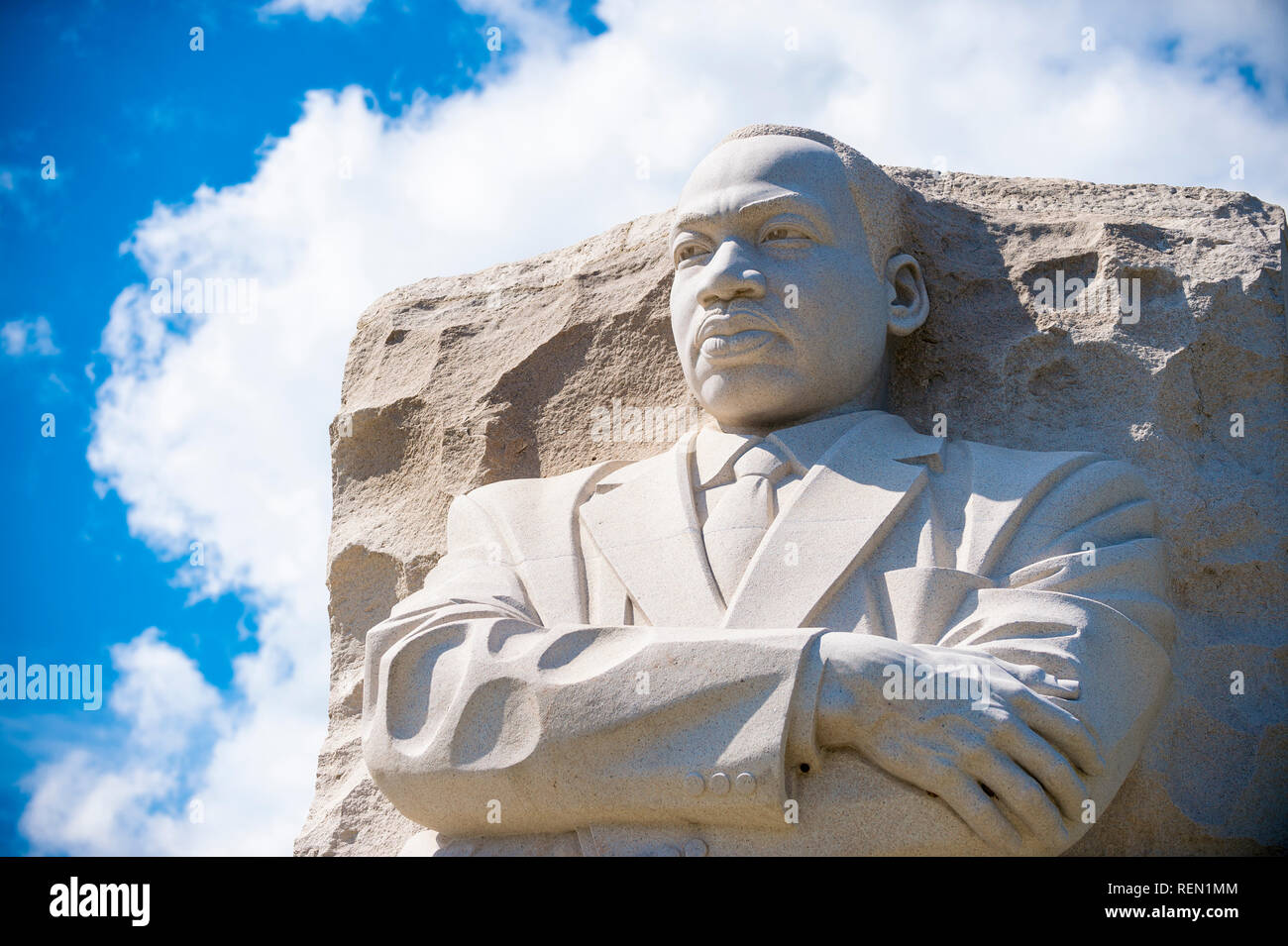 WASHINGTON DC - Agosto 27, 2018: il Martin Luther King Jr Memorial, dotate di un ritratto del leader dei diritti civili scolpiti in granito, era dedicato Foto Stock