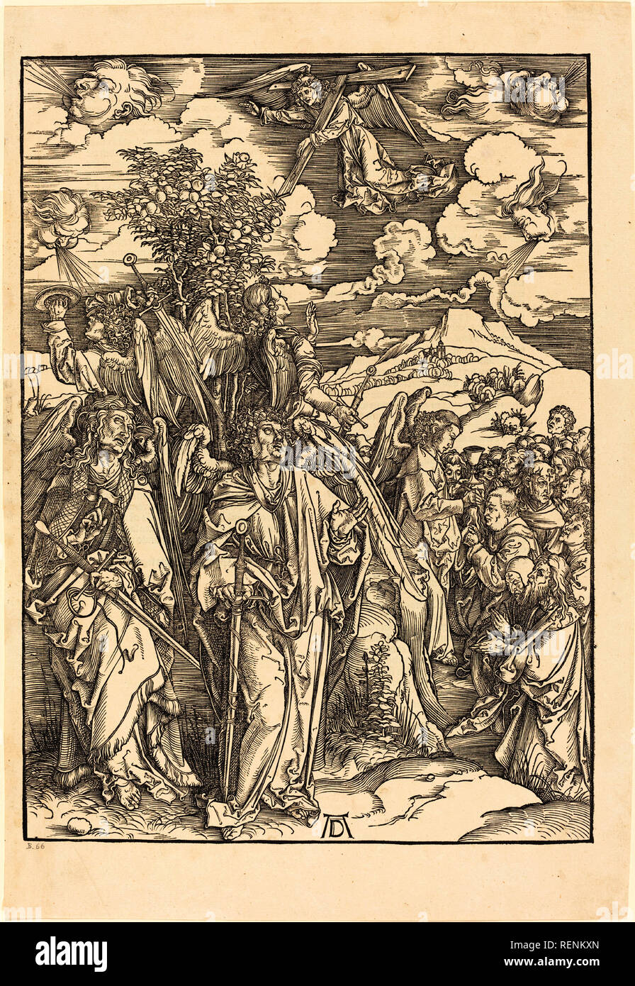 I quattro angeli che reggono i venti. Data: 1498. Dimensioni: IMMAGINE: 39,2 x 28,5 cm (15 7/16 x 11 1/4 in.) foglio: 45,5 x 31,2 cm (17 15/16 x 12 5/16 in.). Medium: Silografia su cui la carta. Museo: National Gallery of Art di Washington DC. Autore: Dürer, Albrecht. ALBRECHT Dürer. ALBRECHT DÜRER. Foto Stock