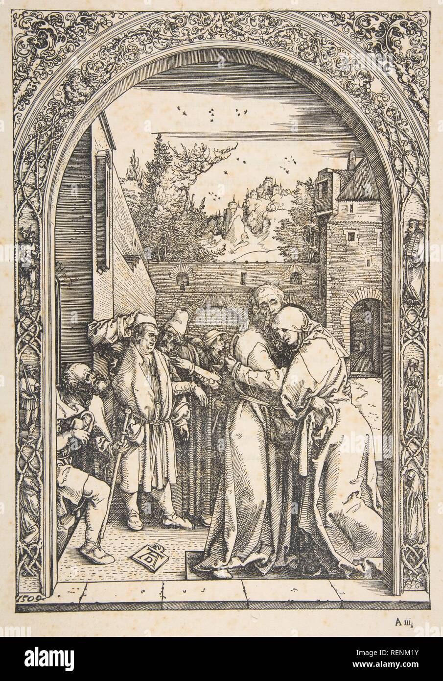 Di Gioacchino e Anna presso il Golden Gate, dalla vita della Vergine. Artista: Albrecht Dürer (Tedesco, 1471-1528 Norimberga Norimberga). Dimensioni: foglio: 17 3/8 x 11 13/16 in. (44,1 x 30 cm) immagine: 11 11/16 x 8 1/8 in. (29,7 x 20,6 cm). Data: ca. 1504. Museo: Metropolitan Museum of Art di New York, Stati Uniti d'America. Foto Stock