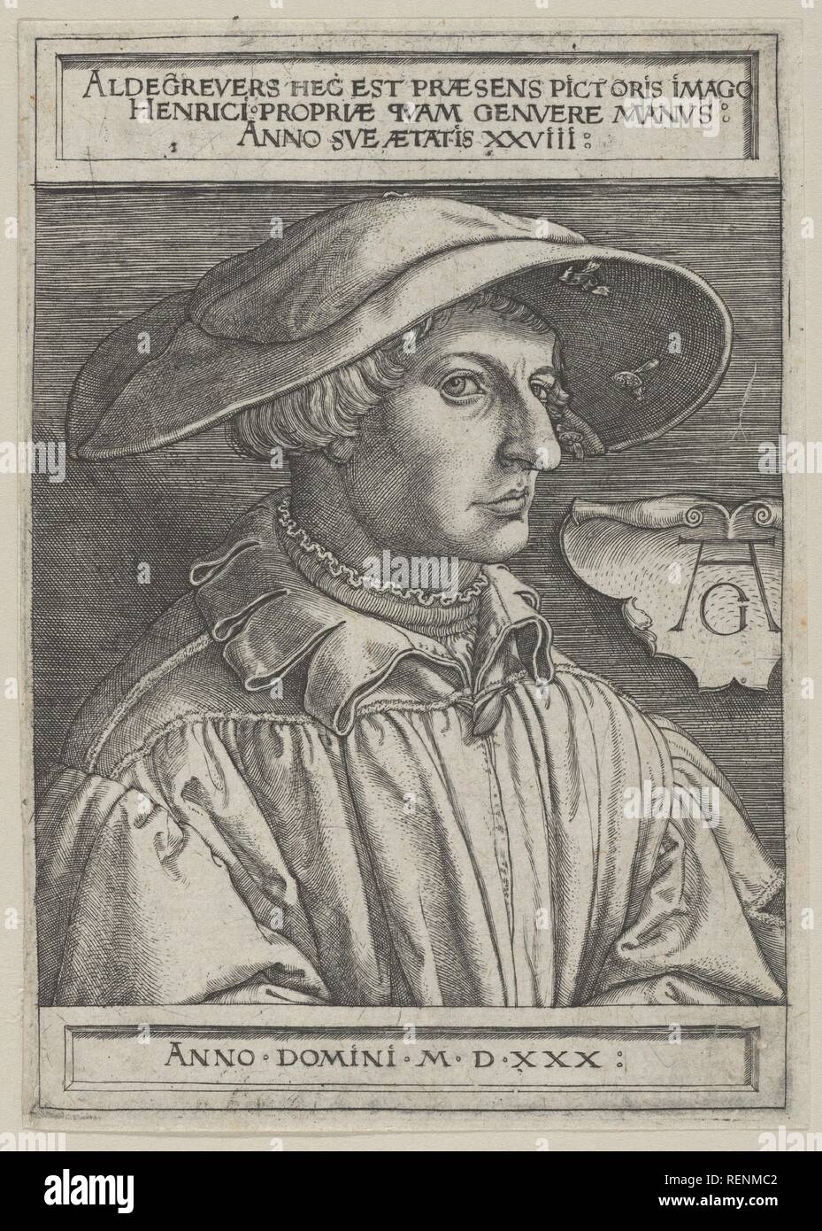 Autoritratto in età di ventotto. Artista: Heinrich Aldegrever (tedesco, Paderborn ca. 1502-1555/1561 Soest). Dimensioni: foglio: 5 15/16 × 4 1/4 in. (15,1 × 10,8 cm). Data: 1530. Museo: Metropolitan Museum of Art di New York, Stati Uniti d'America. Foto Stock