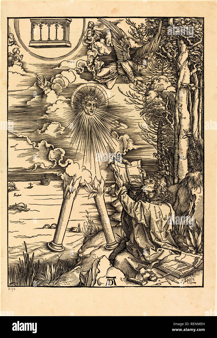 Saint John divorando il libro. Data: 1498. Dimensioni: IMMAGINE: 39,3 x 28,5 cm (15 1/2 x 11 1/4 in.) foglio: 45,9 x 31,2 cm (18 1/16 x 12 5/16 in.). Medium: Silografia su cui la carta. Museo: National Gallery of Art di Washington DC. Autore: Dürer, Albrecht. ALBRECHT Dürer. ALBRECHT DÜRER. Foto Stock