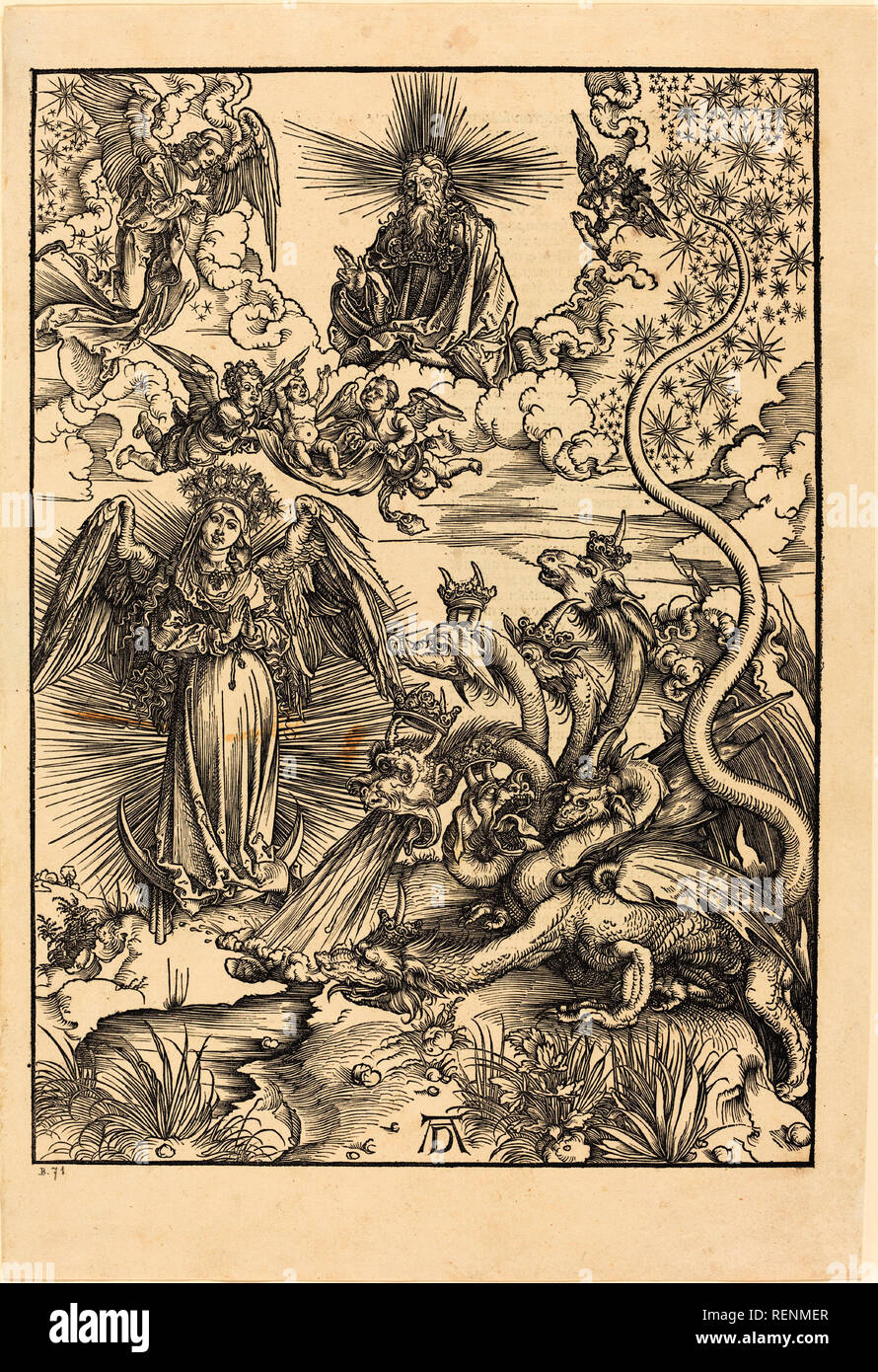 La donna apocalittica. Data: 1498. Dimensioni: IMMAGINE: 39,2 x 28,1 cm (15 7/16 x 11 1/16 in.) foglio: 45,8 x 31 cm (18 1/16 x 12 3/16 in.). Medium: Silografia su cui la carta. Museo: National Gallery of Art di Washington DC. Autore: Dürer, Albrecht. ALBRECHT Dürer. ALBRECHT DÜRER. Foto Stock