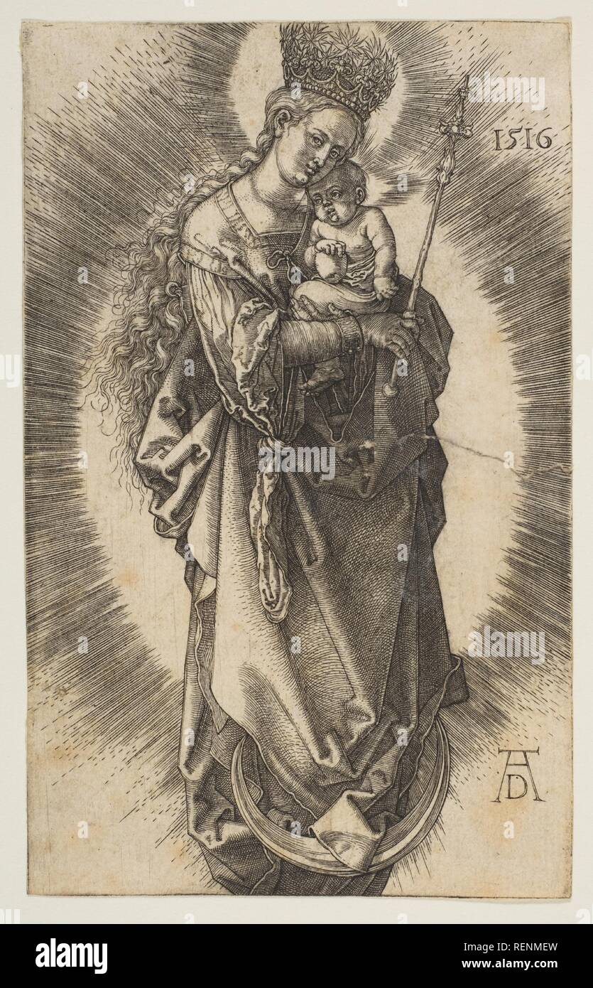 Vergine sulla Crescent con scettro e corona stellata. Artista: Albrecht Dürer (Tedesco, 1471-1528 Norimberga Norimberga). Dimensioni: foglio: 4 5/8 × 2 15/16 in. (11,7 × 7,4 cm). Data: 1516. Museo: Metropolitan Museum of Art di New York, Stati Uniti d'America. Foto Stock