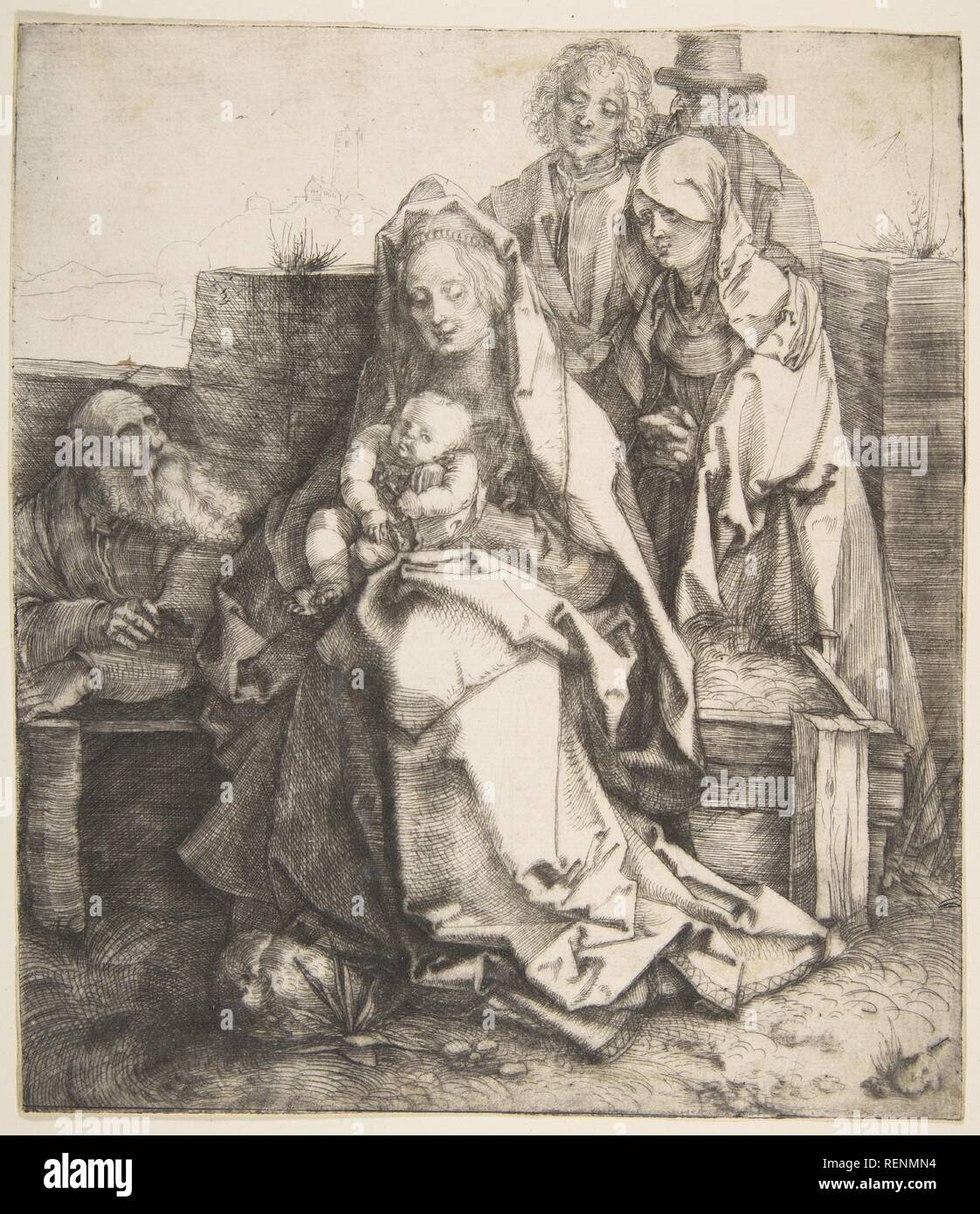 La Santa Famiglia. Artista: Albrecht Dürer (Tedesco, 1471-1528 Norimberga Norimberga). Dimensioni: foglio: 8 1/4 x 7 1/8 in. (21 x 18,1 cm). Data: 1512-13. Dürer creato solo tre stampe nel mezzo della puntasecca. Dal momento che le altre due sono datate 1512, questa puntasecca è presunta data dallo stesso tempo. La stampa è stata così prodotta all'altezza dell'artista la carriera, appena prima di tale famosa 'master stampe' come la malinconia e Knight, la morte e il diavolo. Eppure la composizione si rifa' a uno dell'artista le prime incisioni prodotte quando Dürer era sotto l'influenza dei più prolifici Foto Stock