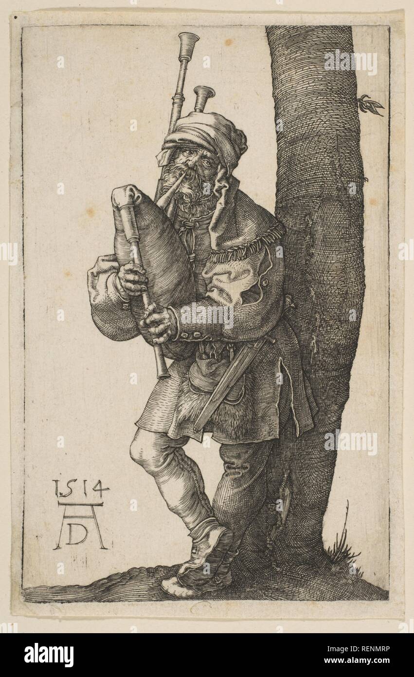 Il Bagpiper. Artista: Albrecht Dürer (Tedesco, 1471-1528 Norimberga Norimberga). Dimensioni: piastra: 4 9/16 x 2 15/16 in. (11,6 x 7,5 cm) foglio: 4 13/16 x 3 1/8 in. (12,2 x 8 cm). Data: 1514. Museo: Metropolitan Museum of Art di New York, Stati Uniti d'America. Foto Stock