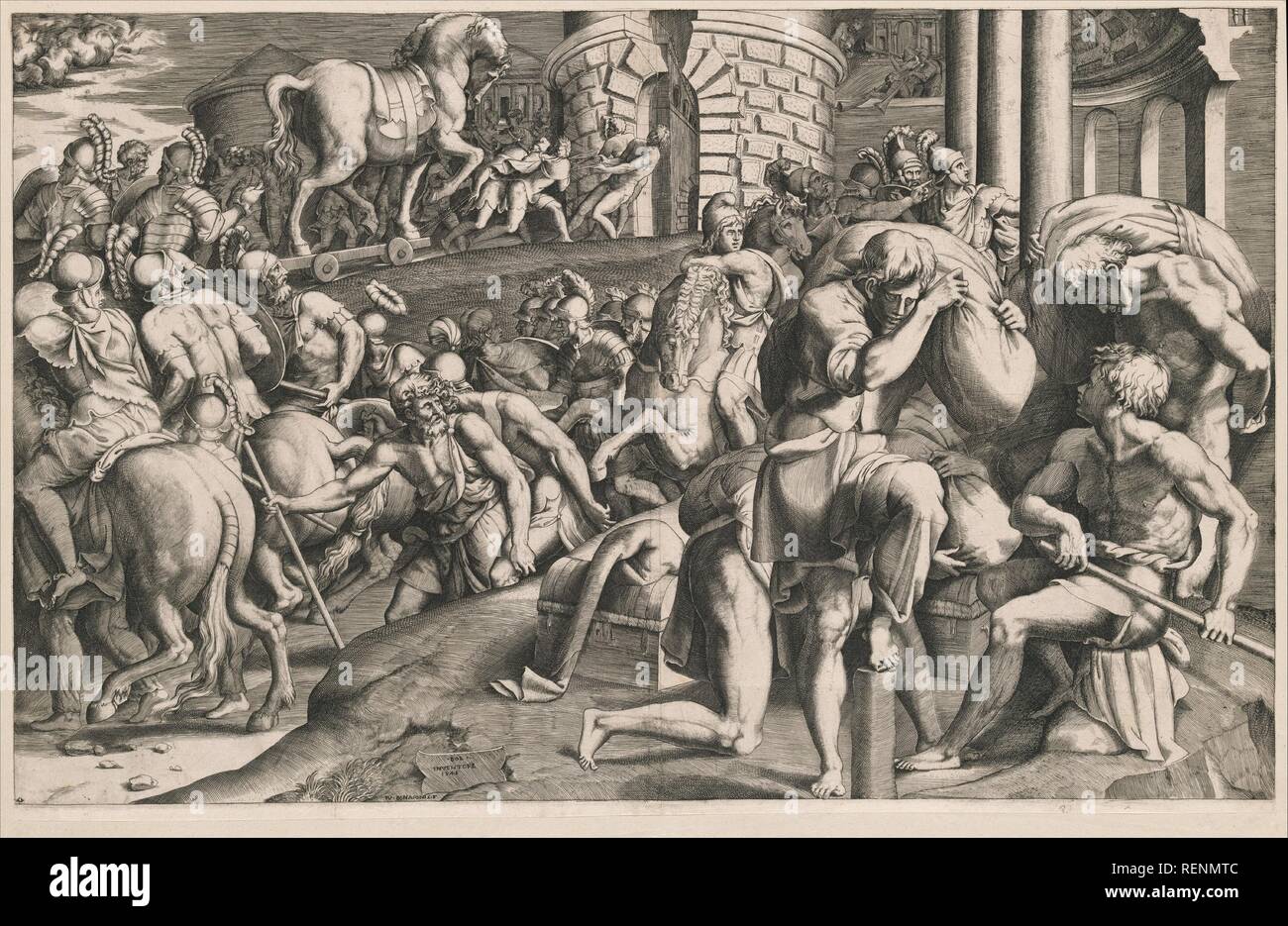 Il Trojan tirando il cavallo di legno in città. Artista: Giulio Bonasone (italiano, attivo a Roma e Bologna, 1531-dopo il 1576); dopo Francesco Primaticcio (italiano, Bologna 1504/5-1570 Parigi). Dimensioni: Foglio (rifilati): 16. × 25 1/8 in. (40,7 × 63,8 cm). Data: 1545. Poiché i trojan sono stati convinti che portando il cavallo nella loro città comporterebbe per i Greci' sconfitta, le pareti sono stati violati e il cavallo era in su ruote, con i più valorosi soldati greci nascosti all'interno. Questa incisione è basata su un disegno dal Primaticcio, ora nella Biblioteca Reale al Castello di Windsor, che probab Foto Stock