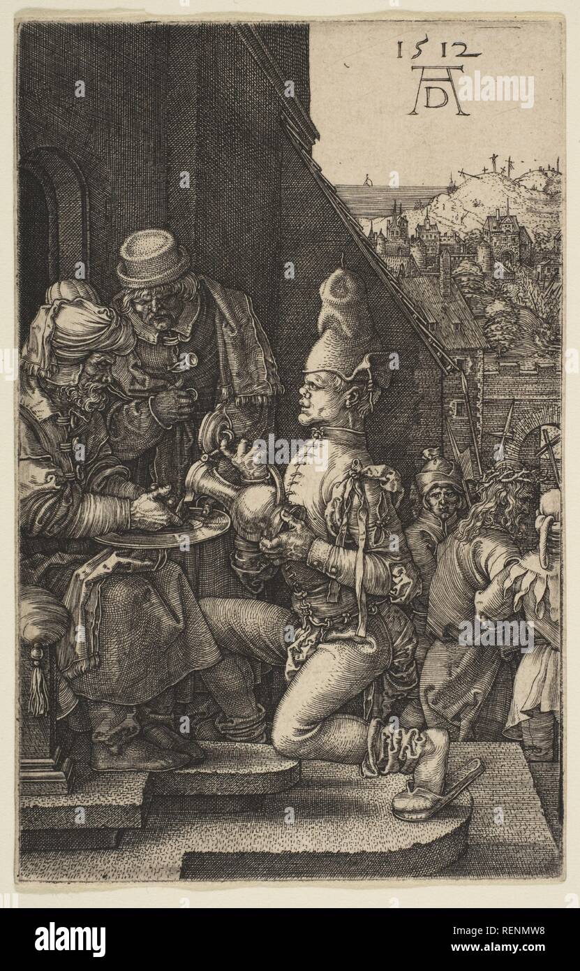 Pilato lavarsi le mani dalla passione. Artista: Albrecht Dürer (Tedesco, 1471-1528 Norimberga Norimberga). Dimensioni: foglio: 4 5/8 × 2 15/16 in. (11,7 × 7,4 cm). Data: 1512. Museo: Metropolitan Museum of Art di New York, Stati Uniti d'America. Foto Stock