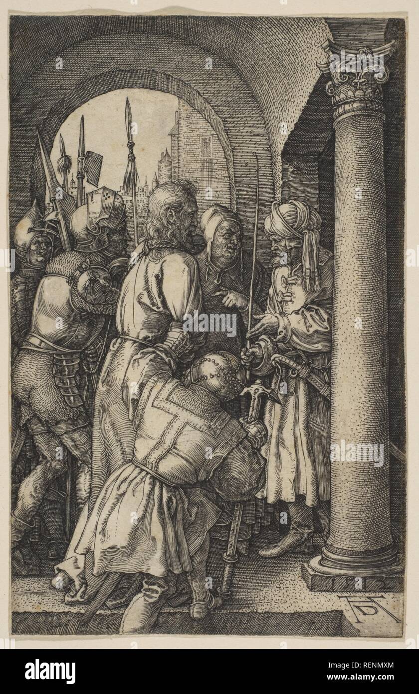 Cristo davanti a Pilato, dalla passione. Artista: Albrecht Dürer (Tedesco, 1471-1528 Norimberga Norimberga). Dimensioni: foglio: 4 9/16 × 2 15/16 in. (11,6 × 7,4 cm). Data: 1512. Museo: Metropolitan Museum of Art di New York, Stati Uniti d'America. Foto Stock