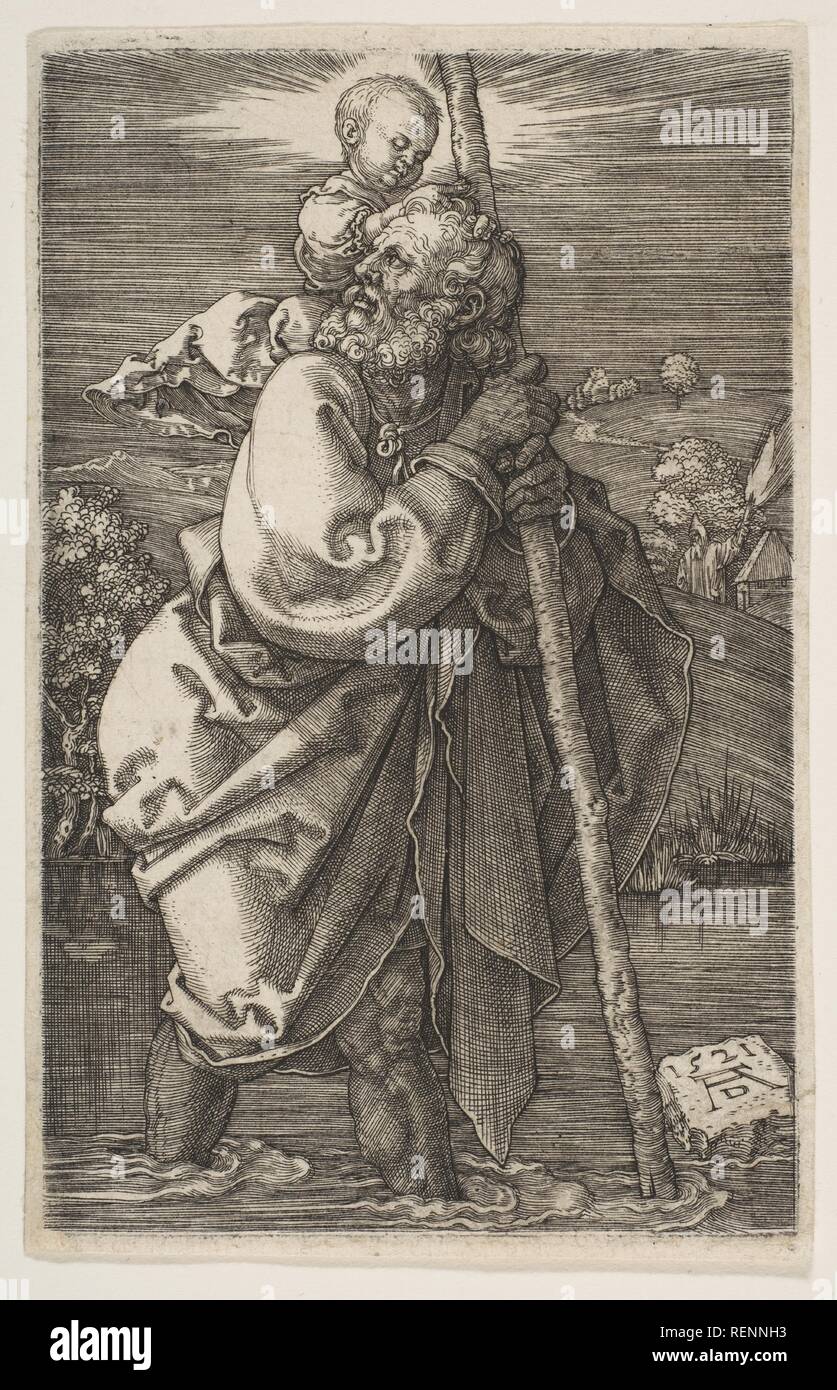 Saint Christopher rivolto verso sinistra. Artista: Albrecht Dürer (Tedesco, 1471-1528 Norimberga Norimberga). Dimensioni: foglio: 4 9/16 x 2 15/16 in. (11,7 x 7,5 cm) immagine: 4 13/16 x 3 1/16 in. (12,2 x 7,8 cm). Data: 1521. Museo: Metropolitan Museum of Art di New York, Stati Uniti d'America. Foto Stock