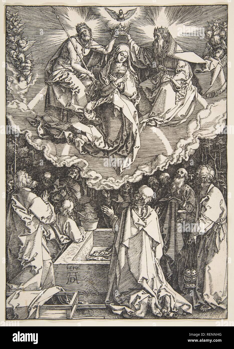 L'assunzione e Incoronazione della Vergine, dalla vita della Vergine. Artista: Albrecht Dürer (Tedesco, 1471-1528 Norimberga Norimberga). Dimensioni: foglio: 11 1/2 x 8 1/8 in. (29,2 x 20,6 cm). Data: 1510. Museo: Metropolitan Museum of Art di New York, Stati Uniti d'America. Foto Stock