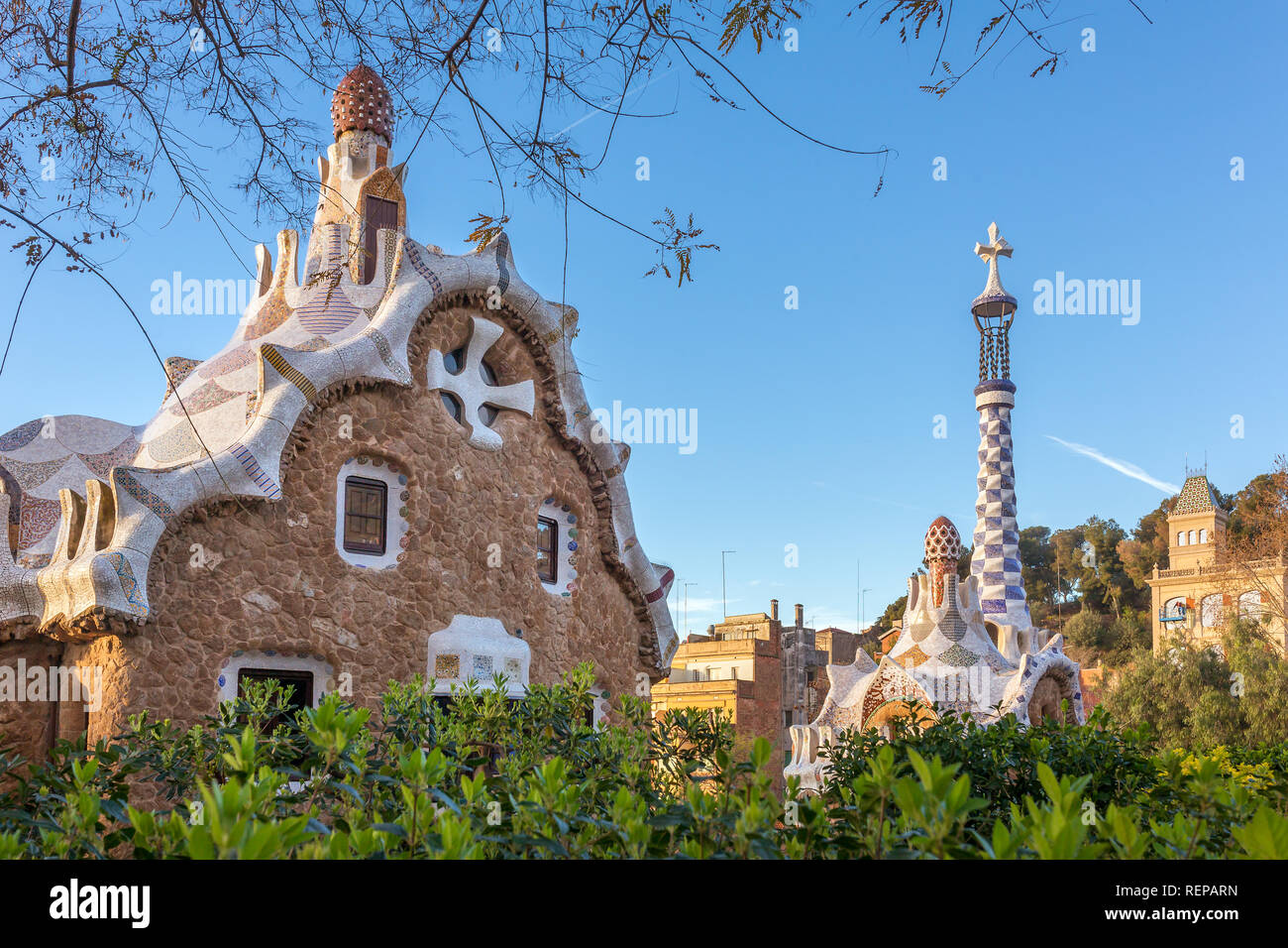 Parco Guell progettato da Antoni Gaudi, Barcelona, Spagna. Foto Stock