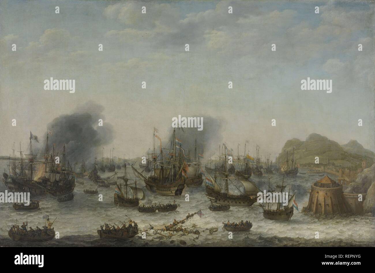 Battaglia navale nei pressi di Gibilterra, 25 aprile 1607 (vittoria sul spagnolo nei pressi di Gibilterra da parte di una flotta è comandata dall'Ammiraglio Jacob van Heemskerck). Dating: 1639. Misurazioni: Supporto: h 136 cm (*) × w 204,5 cm (*); d 5.5 cm. Museo: Rijksmuseum Amsterdam. Autore: Adam Willaerts (firmato dall'artista). Foto Stock