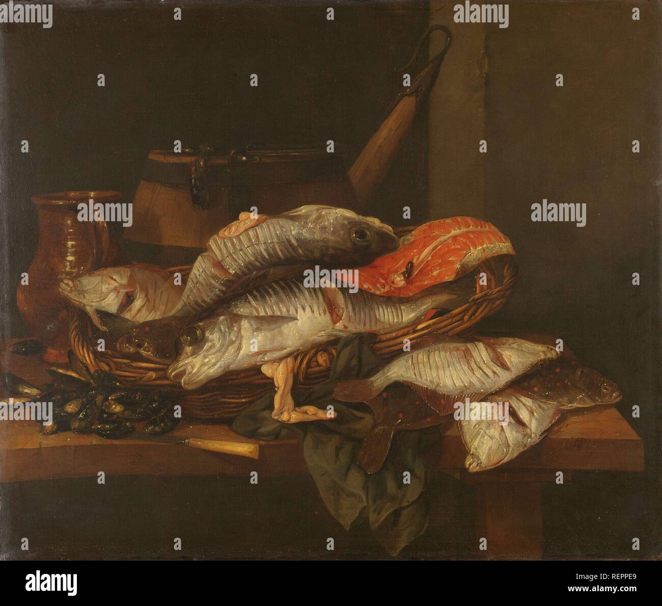 Ancora in vita con il pesce. Dating: c. 1650 - c. 1670. Misurazioni: h 74 cm × W 87 cm; d 8.5 cm. Museo: Rijksmuseum Amsterdam. Autore: Abraham Hendricksz. Van Beyeren. Foto Stock