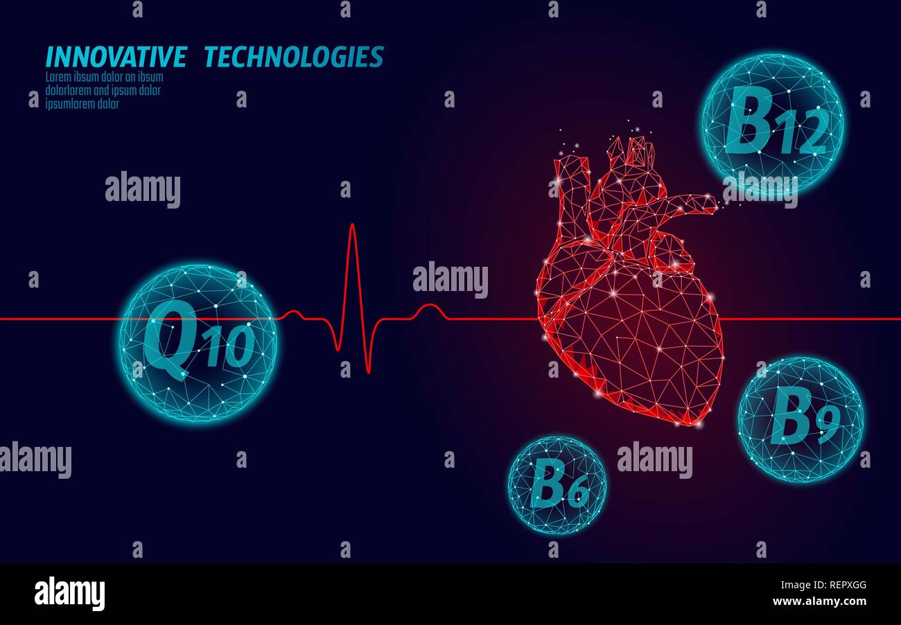 Cuore sano picchia 3d modello di medicina a bassa poli. Triangolo di punti collegati glow punto sfondo rosso. Integratore vitaminico Q10 B12 moderne tecnologie innovative rendono illustrazione vettoriale Illustrazione Vettoriale