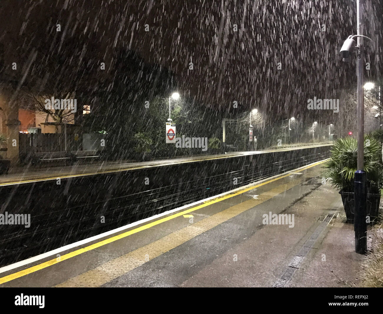 Condizioni invernali a Kew Gardens dalla stazione di West London come una banda di meteo invernale portato neve e un rischio di ghiaccio a grandi parti del Regno Unito. Foto Stock