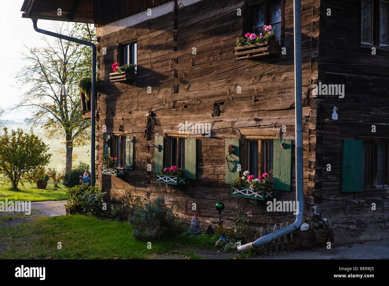 Agriturismo in legno, Humbach vicino Dietramszell, Tölzer Land, Alta Baviera, Baviera, Germania Foto Stock