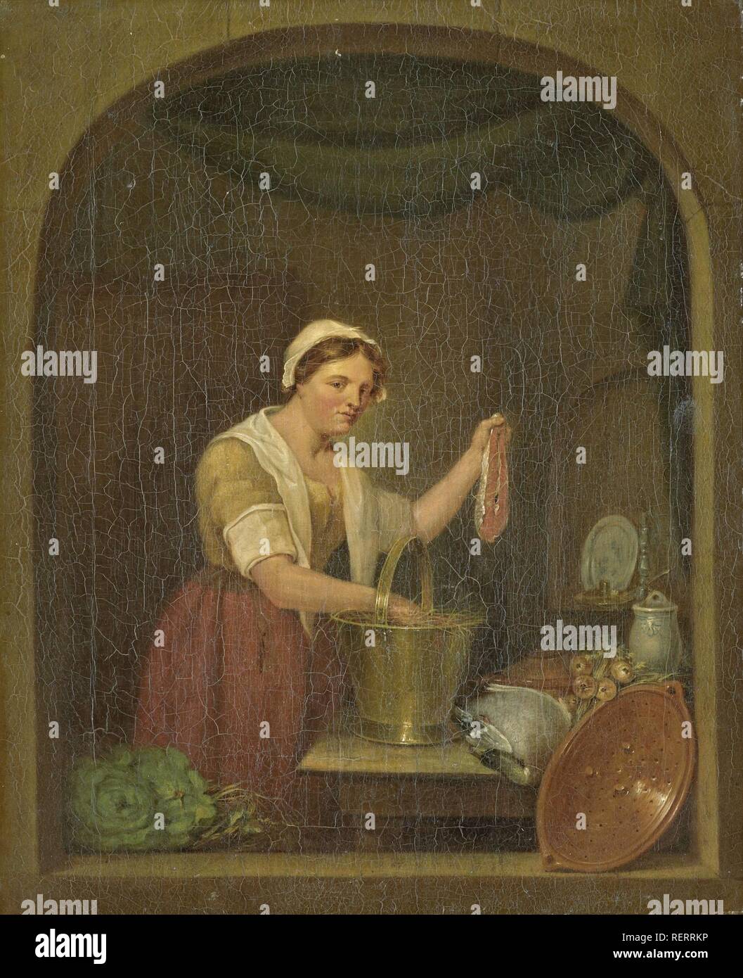 La cucina domestica. Dating: 1820. Misurazioni: h 37,7 cm × W 31,1 cm × t 2,2 cm; d 3,5 cm. Museo: Rijksmuseum Amsterdam. Autore: Jan de Ruyter. Foto Stock